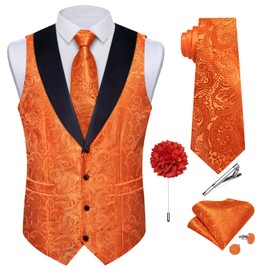 DiBanGu Mens Silk Vest and Tie Set 7PCS Paisley Suit Waistcoat and Necktie with Lapel Pin for Wedding Shawl Collar Dress Vest, Burnt Orange, Xx-Large