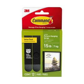 Command 3M Tiras Adhesivas para Colgar cuadros, Decora sin dañar la superficie, Tamaño Grande, Negras, 12 pares, Sostiene hasta 7Kg.