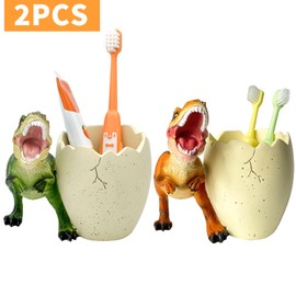 FlidRunest 2 PCS Dinosaur Kids Toothbrush Holders for Bathrooms - Cute Dino Toothbrush Holder - Easy to Clean Toothbrush and Toothpaste Holder - Dinosaur Bathroom Decor Accessories-Green+Orange