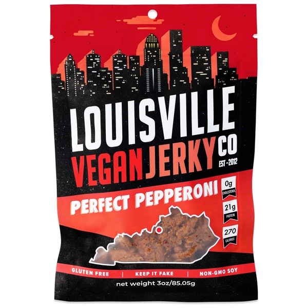 Louisville Vegan Jerky - Perfect Pepperoni - Non-GMO Soy Protein, Gluten-Free Ingredients (3 oz)