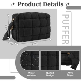 UIXIZQ Puffer Quilted Makeup Bag Cosmetic Bags,Puffy Travel Toiletry Pouch for Women,Cute Checkered Zipper Bag Travel Essential,Portable Aesthetic Make up Organizer Bag for Gifts Work Daily, Black, S