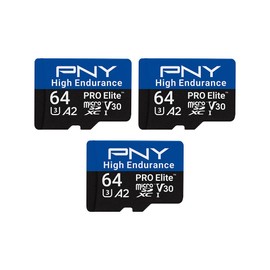 PNY 64GB PRO Elite™ High Endurance C10 U3 V30 A2 microSDXC Flash Memory Card – Up to 100MB/s Read, 4K UHD, Full HD, UHS-I, Surveillance, Home Security, Continuous Recording, Dash Cam, 3-Pack