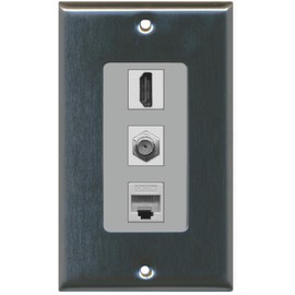 RiteAV - 1 Port HDMI and 1 Port Coax Cable TV- F-Type Cat5e Ethernet Decorative Wall Plate - Stainless Steel/Gray