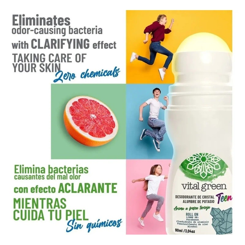 Desodorante Cristal Alumbre Roll On Niños 90ml Vital Green Pomelo