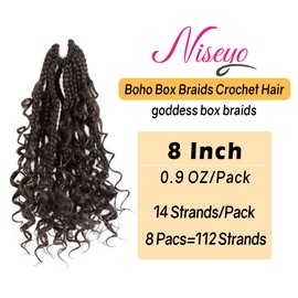 Niseyo Goddess Box Braids Crochet Hair 8 Inch 8 Packs Short Crochet Box Braids Pre Looped Curly Ends Premium Quality Synthetic Hair (4#/Brown)