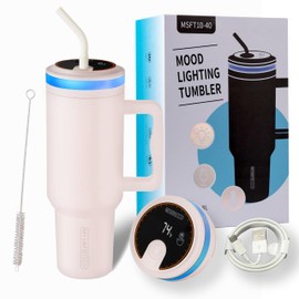 MySofuTech Water Bottle With Alarm Reminder,USB-C Rechargeable,RGB LED Lights Around the Lid,40oz,Insulated Stainless Steel，Ideal Gift for Christmas, Thanksgiving Day(Rose Quartz)