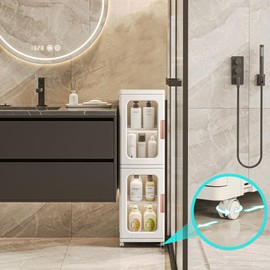 MOSAMNI Slim Bathroom Storage Cabinet for Small Spaces, 2-Tiers Plastic Narrow Storage Organizer with Doors and Shelves Stackable Bathroom Floor Cabinet for Home, Bedroom, Living Room, Study Room