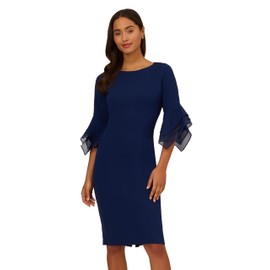Adrianna Papell Women's Knit Crepe Tiered Sleeve Dress, Navy Sateen, 14