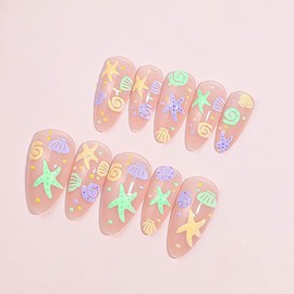 RikView Almond Press on Nails Medium Fake Nails Nude Nails with Ocean Design Glossy Full Cover Nails for Women 24 PCs/Set