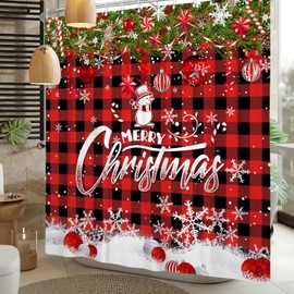 Merry Christmas Shower Curtain Red Black Buffalo Plaid Xmas Snowman Curtains Winter Snowflake Christmas Tree Candy Rustic Farmhouse Decor Waterproof Fabric Bathroom with Hooks 72x72 inch