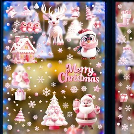 Topeedy 9 Sheet Pink Christmas Window Sticker, Double-Side Window Clings with Santa Claus Reindeer Snowman Perfect for Christmas Party Decoration
