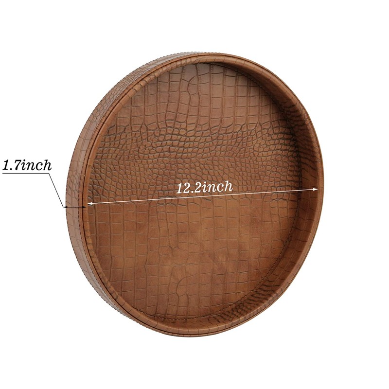 HofferRuffer Faux Leather Round Serving Tray, Vegan Croco Leather Decorative