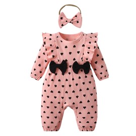 Sinipart Newborn Infant Baby Girls One Piece Romper Knitted Heart Print Long Sleeve Jumpsuit Bodysuit Headband 2PCS Outfits Pink Newborn