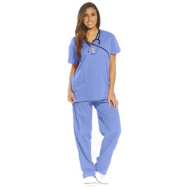 Just Love Women's Scrub Sets/5 Pocket Medical Scrubs Uniforms (Mock Wrap), Ceil With Navy Trim, Medium