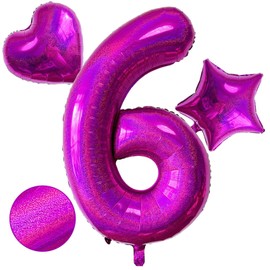Laser Hot Pink Number 6 Balloons, 40 Inch Giant Pink Number Balloons Nylon Helium Hot Pink Number 6 Balloons for 6th Birthday Party Supplies Anniversary Event Celebration Decorations