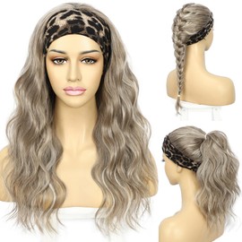 SAPPHIREWIGS Body Wave Headband Wigs for Black Women Highlight Grayish Brown Synthetic Headband Wig Wear and Go Glueless Natural Looking Heat Resistant 150% Density 20 Inch