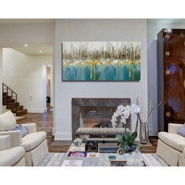 Ardemy Teal Abstract Cityscape Canvas Wall Art Modern Skyline Gold Textured Painting, Grey Buildings Large Size 40"x20" Picture Turquoise Artwork Framed for Living Room Bedroom Home Office Wall Decor