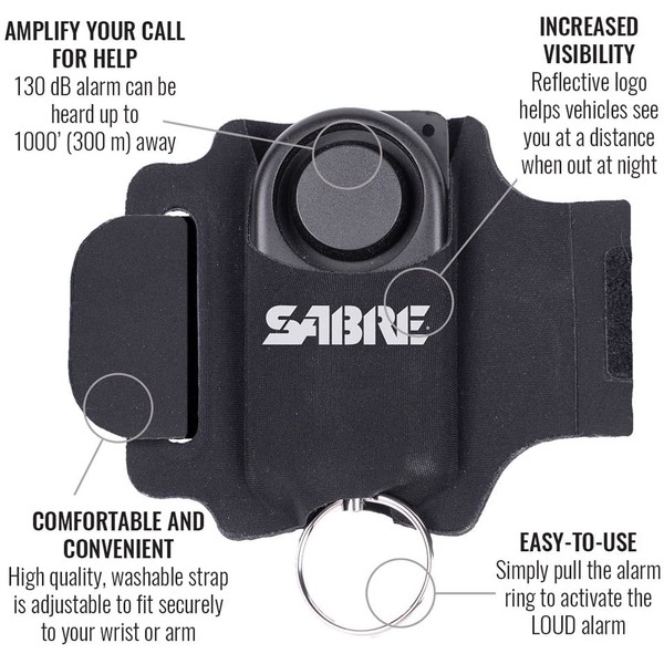 SABRE Multi Purpose Personal Alarm, Use With Keychain or Adjustable, Reflective and Weather-Resistant Wrist Strap, Piercing 130 db Alarm, Audible 1,000 Feet (300M) Range