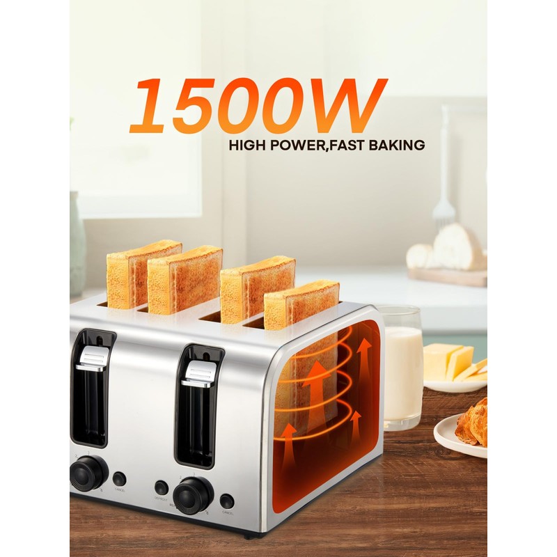 4 Slice Toaster, 1500W Extra-Wide Slot Toaster, for Bagel, Bread,
