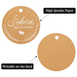 jijAcraft Round Gift Tags "Schön dass du da Bist" Kraft Paper Labels 5 cm, Pack of 100 Hanging Labels with Jute String for Crafts, Wedding, Christmas, Gift Wrapping (Brown)