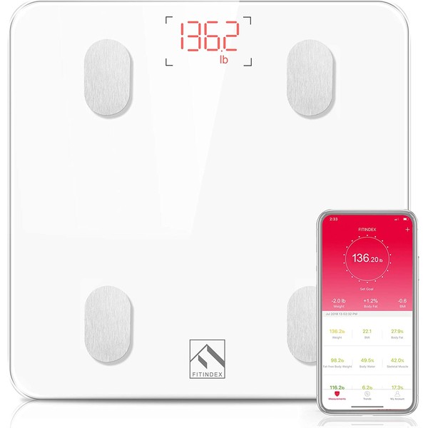 FITINDEX Body Fat Scale, Smart Wireless BMI Bathroom Weight Scale Body Composition Monitor Health Analyzer with Smartphone App for Body Weight, Fat, Water, BMI, BMR, Muscle Mass - White