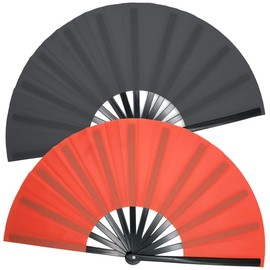 OMyTea Large Rave Clack Folding Hand Fans for Men/Women - Chinese Japanese Kung Fu Tai Chi Handheld Fans - for EDM, Music Festival, Club, Event, Party, Dance, Performance, Decoration (Black & Red)