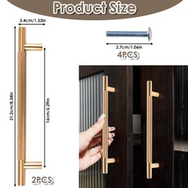 2 Pcs Gold Cabinet Handles 214 mm Gold Wardrobe Kitchen Drawer Handles Hole Centers Coppery Vintage Knurled Modern Furniture for Kitchen Cupboard Bathroom Cabinet Golden Chest of Drawers Pulls