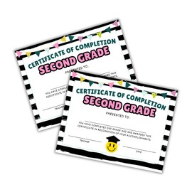 Second Grade 2nd Certificate of Completion Graduation Diploma 30pk 8.5x11” Smiley Face Daisy 90’s Seed Bracelet Checkered Neutral Award Theme Trendy