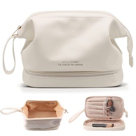Bolsa de maquillaje grande, Bolsa de cosméticos de viaje doble capa para mujer, Bolsa de Tocador Neceser portátil, Bolsa de aseo estuches neceser de piel, Organizador bolsa de cepillo (Blanco)