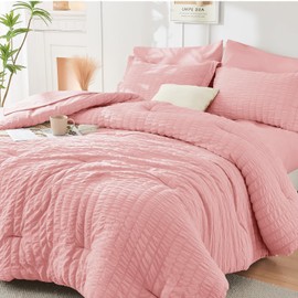 HYMOKEGE Seersucker Comforter Set Full Size 3 Pieces, Lightweight Comforter Sets for Bedding, Bed Set with 1 All Season Soft Down Alternative Comforter and 2 Pillow Shams, Pink