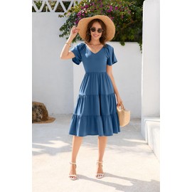 LEADINK Womens Spring Summer Dress 2025 Short Sleeve V Neck Midi Dresses, Breathable Cotton Tiered Design Fashion Casual Boho Beach Vacation Sundress Blue