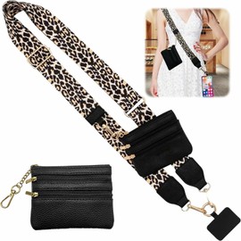 Phone Strap with Zippered Pouch, 2024 Clip and Go Strap for Phone with Wallet Crossbody, Adjustable Cross Body Phone String (Leopard)