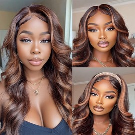 Dokksiiia P430 Highlight Body Wave Bundles Human Hair Chocolate Brown and Brown Bundles Mix Two Tone Double Weft Brazilian Human Hair Extensions Silky and Soft for Black Women 12 14 16 Inch