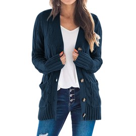 PRETTYGARDEN - Suéter de punto trenzado para mujer, con parte delantera abierta, para otoño, a la moda, con botones, para invierno, Azul lago, X-Large