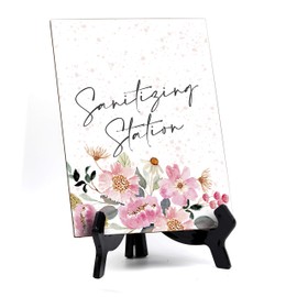 Sanitizing Station Sign with Easel, Floral Watercolor Table Sign (6" x 8")