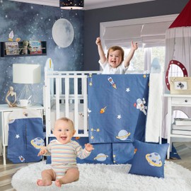 Brandream 100% Cotton Crib Bedding Set for Baby Boys Space Nursery Collections 6 Pieces Astronaut's Journey to The Stars Adventurous Theme with Rocket Planet Blue Multi-Color