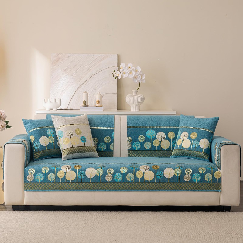 Aucrovee Chenille Boho Jacquard Couch Cover, Washable Sectional Sofa Covers
