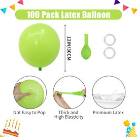 PatiCool Lime Green Balloons - 12 inch 100pcs Latex - Round Light Green Birthday Balloons with 2 Ribbons, Helium Neon Green Balloons for Birthday Dinosaur Jungle Christmas Party Decorations