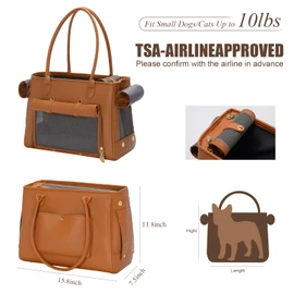 Fashion Pet Carrier Purse for Small Cat and Dog, Luxury Pu Soft-Sided Tote Bag with Large Pockets for Dogs and Puppies (Brown, 15.8" L x 7.5" W x 11.8" H)