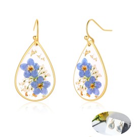 Pressed Flower Earrings,Resin Earrings,Unique Resin Drop Dangle Plant Earring,Handmade Forget-Me-Not and Queen Anne'S Lace Earring,Great Birthday, Short Hook (raindrop)