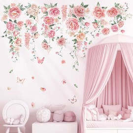 DECOWALL SG3-2428 Rose Vines Wall Stickers Living Room Decoration Wall Sticker Art Floral Pink Removable Children's Room Butterflies Mural Girls Colourful