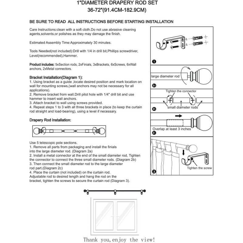XmhFurnish 1 inch Curtain Rods for windows 36 to 72"