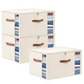 WELTRXE Clothes Storage Bag, 3 Pack 90L Storage Boxes with Lid, Zip, Foldable Wardrobe Storage Organiser, Oxford Fabric Moving Bag for Clothing, Bedding, Blanket, Duvet, Cream