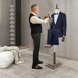 Male Mannequin Torso with Retro Solid Wood Stand & Shoe Rest, Adjustable Height Male Clothing Mannequin Dress Form Body for Market Shop Window Display