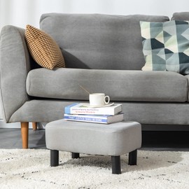 IBUYKE 16.54" Small Footstool, Linen Fabric Pouf, with Padded Seat Pine Wood Legs and Padded Rectangular Stool, for Bedroom, Linen RF-BD213