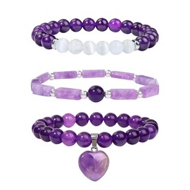 TOFBS Women's Natural Amethyst Bracelet Set Crystal Beads Bracelet with Heart Shape Pendant Stretch Bracelet Jewellery Gift Pack of 3