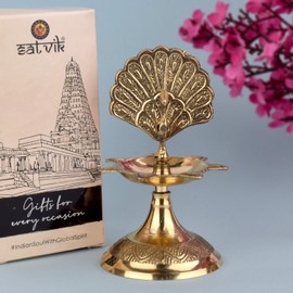 SATVIK 4 Inch Pure Virgin Brass Peacock Kerala Samai Puja Diya Traditional Brass Kutthu Vilakku Oil Lamp Pooja 1 Step Diya Engraved Design Adjustable Deepak Pooja Indian Housewarming Return Gift Item