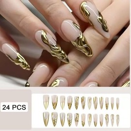 24Pcs Gold French Tip Press on Nails Long Almond Fake Nails with 3D Chrome Gold Irregular Lines Designs Glossy Nude Acrylic Nails Stiletto False Nails Full Cover Artificial Stick on Nails for Women