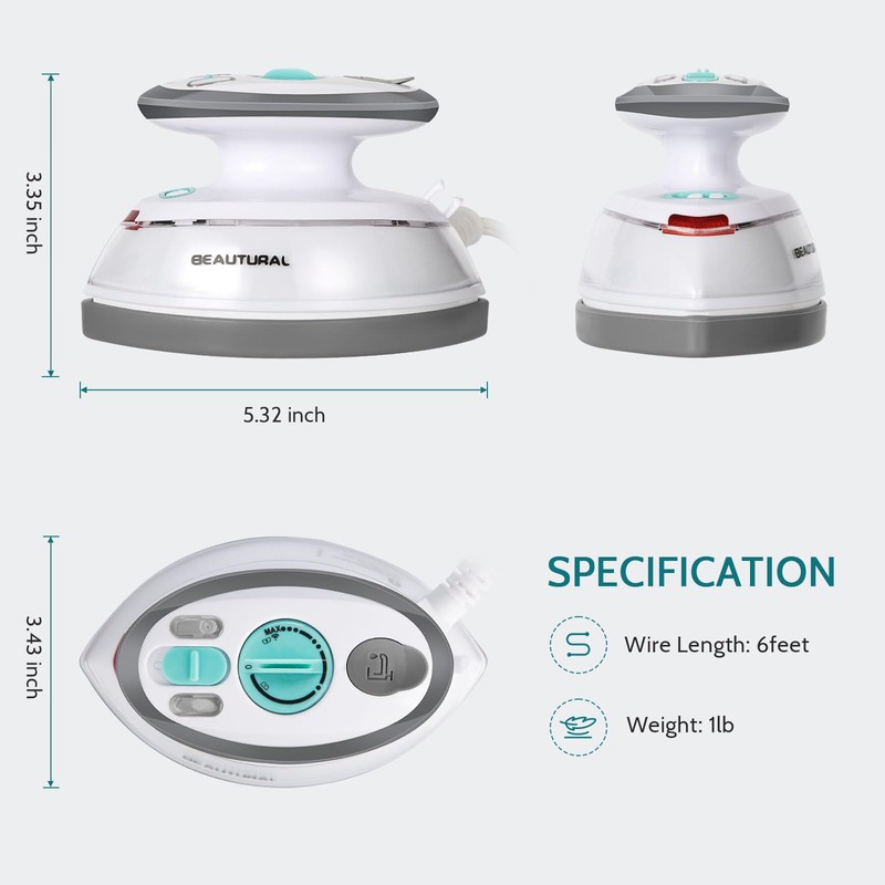 BEAUTURAL Mini Travel Steam Iron for Clothes with Dual Voltage,