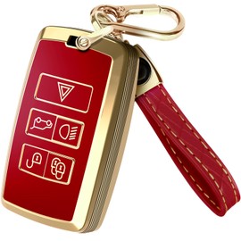 for Range Rover Key Fob Cover and Leather Keychain, TPU Key Case for Jaguar XE XJ XF for Land Rover Sport, Velar, Evoque, Defender, Discovery Keyfob Cover for KOBJXF18A - Red and Gold